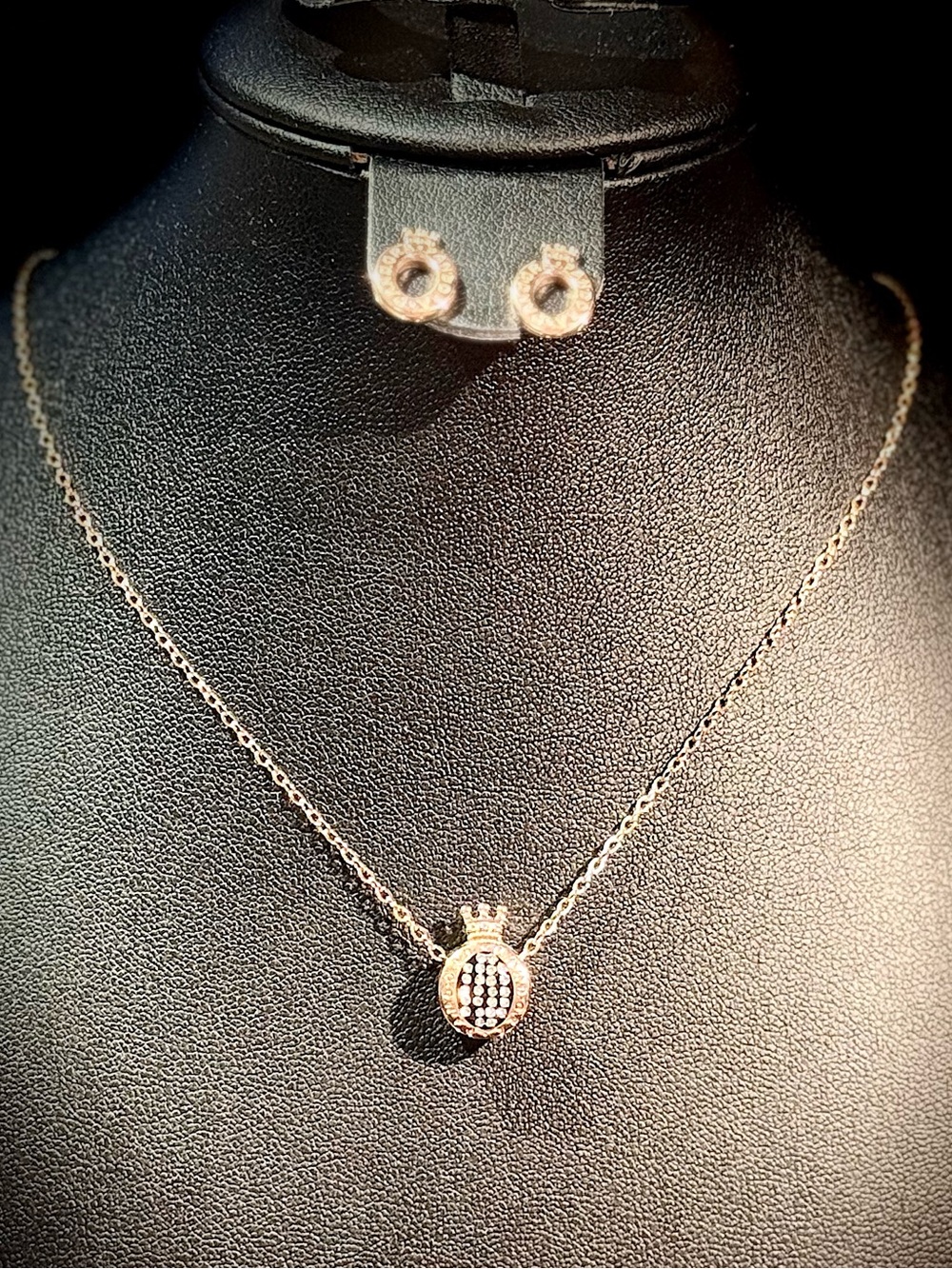 Rose Gold Crown Pendant Necklace and Stud Earrings Set